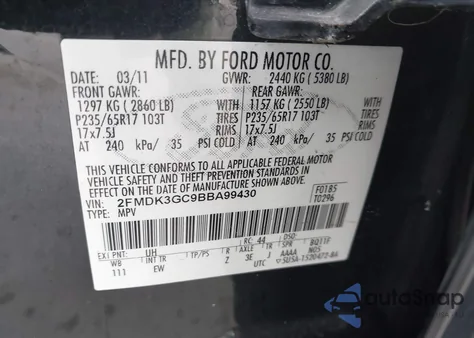 2011 Ford Edge Se from USA, damaged, VIN 2FMDK3GC9BBA99430